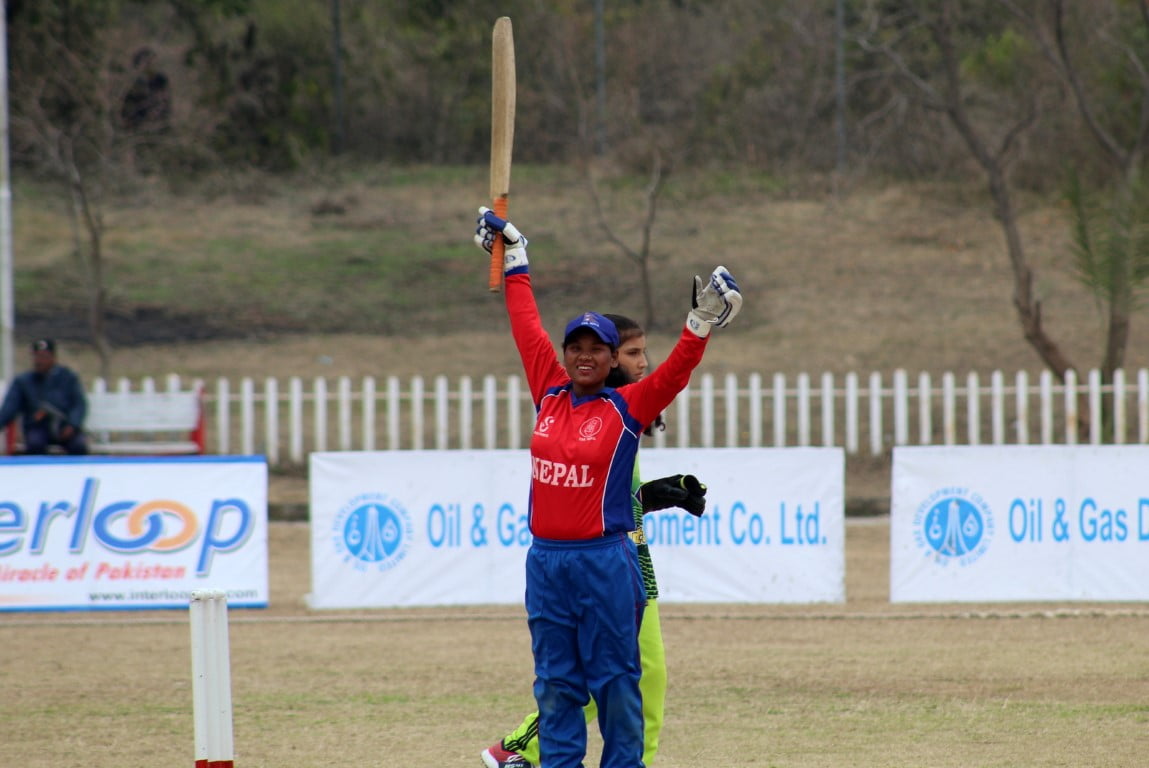 Nepal's Mankesi after scoring 50 runs